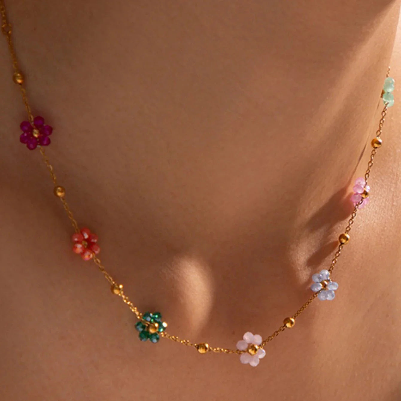 Choker Necklace with Colored Flower Pendant