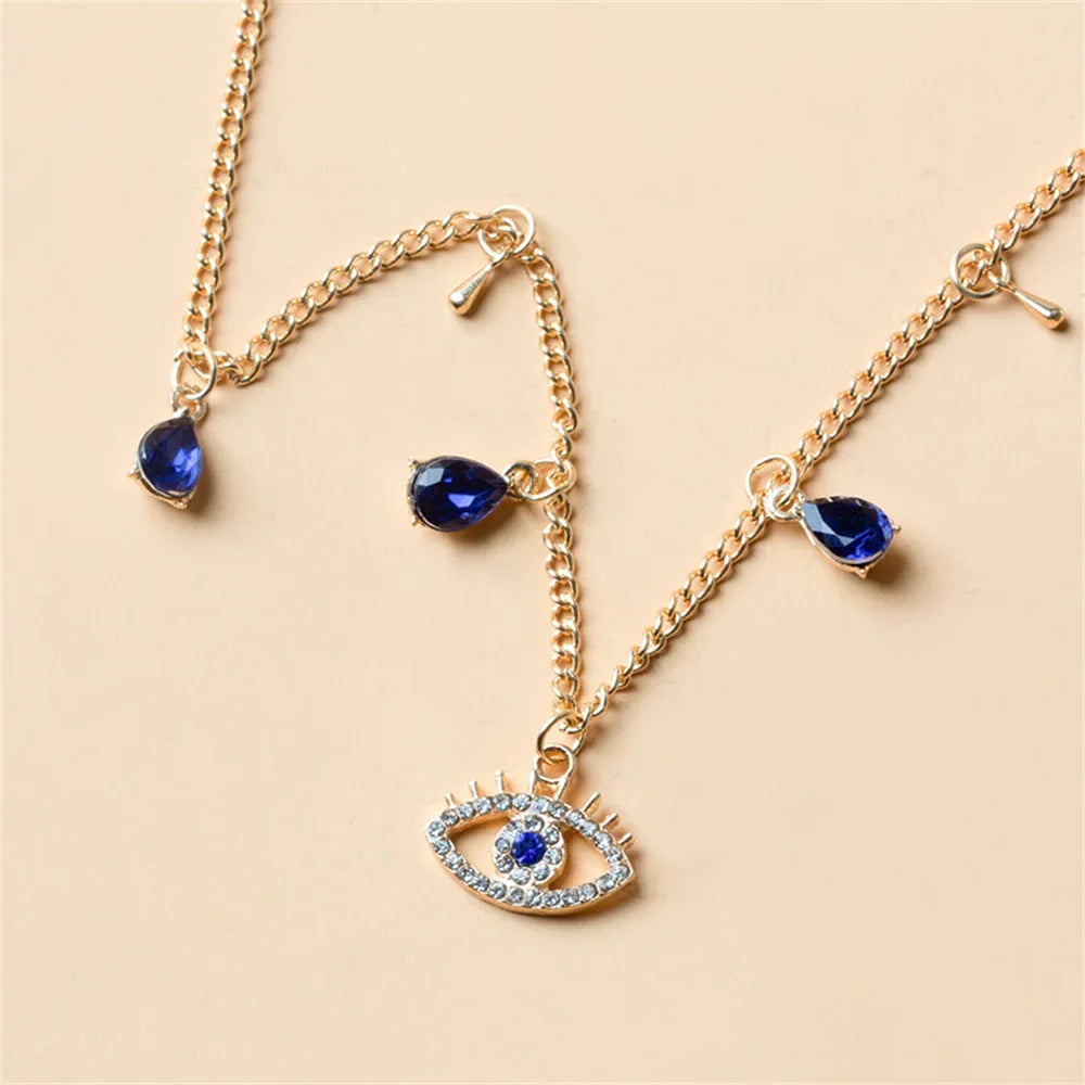 Choker Necklace With Blue Turkish Evil Eye Pendant Rhinestones And Gold Beads