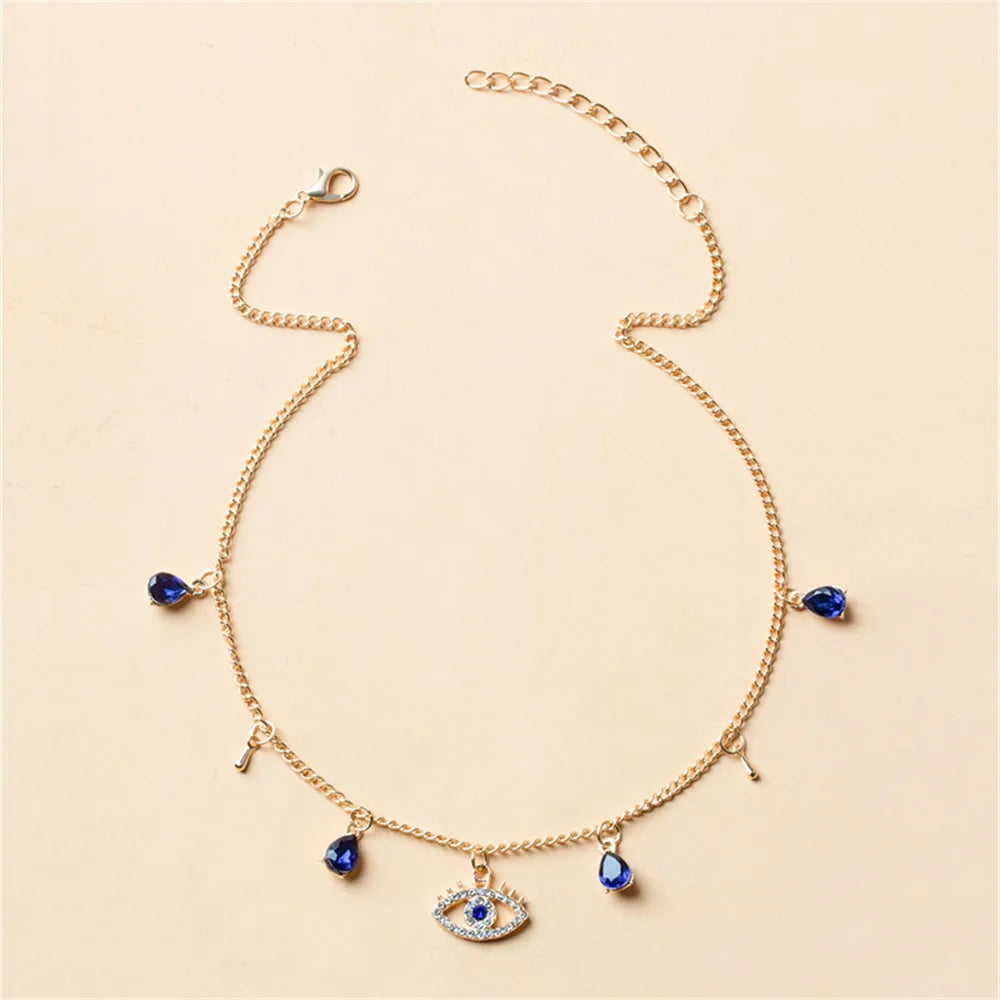 Choker Necklace With Blue Turkish Evil Eye Pendant Rhinestones And Gold Beads