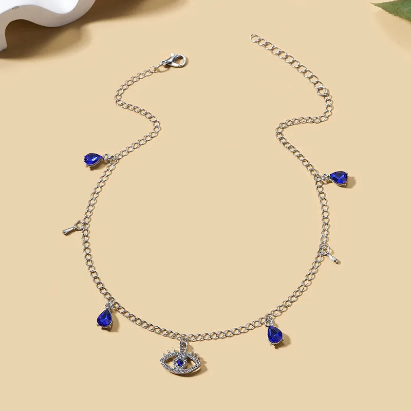 Choker Necklace With Blue Turkish Evil Eye Pendant Rhinestones And Silver Beads