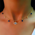 Choker Necklace With Blue Turkish Evil Eye Pendant Rhinestones And Gold Beads