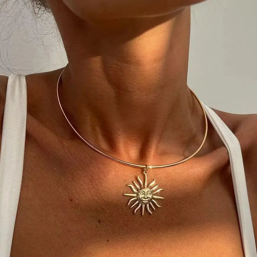 Choker Necklace with Gold Sun Pendant