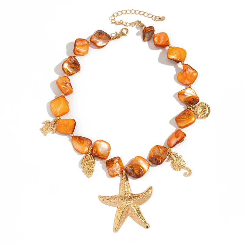Choker Necklace with Orange Starfish Shell Pendants