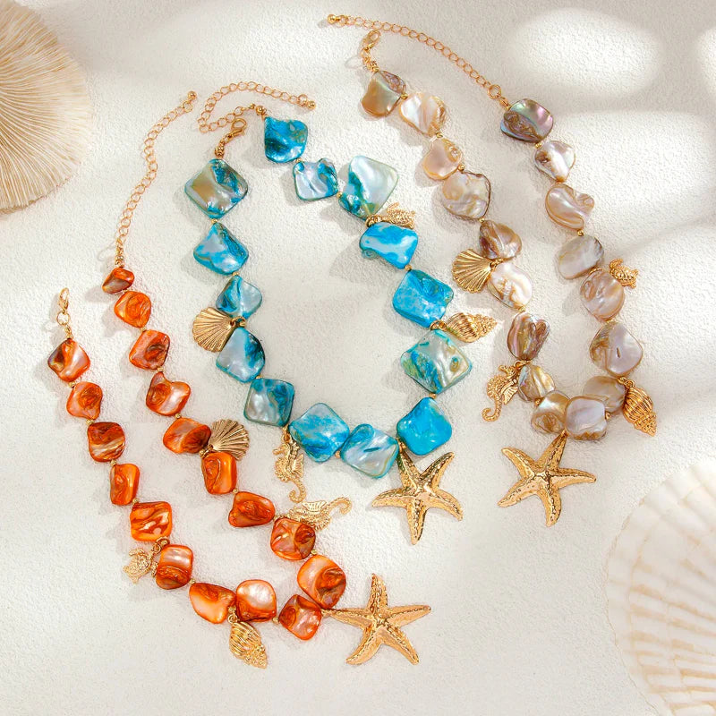 Choker Necklace with Blue Starfish Shell Pendants
