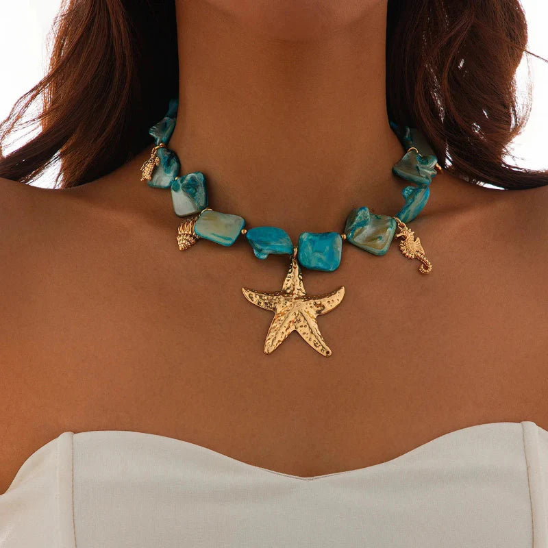 Collier Ras de Cou avec Pendentifs Coquillages Etoile de Mer bleu