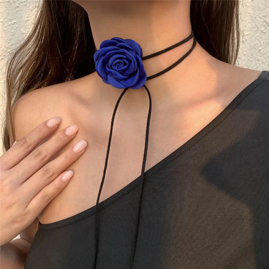 Elegant Choker Necklace Large Blue Rose Flower Pendant 1