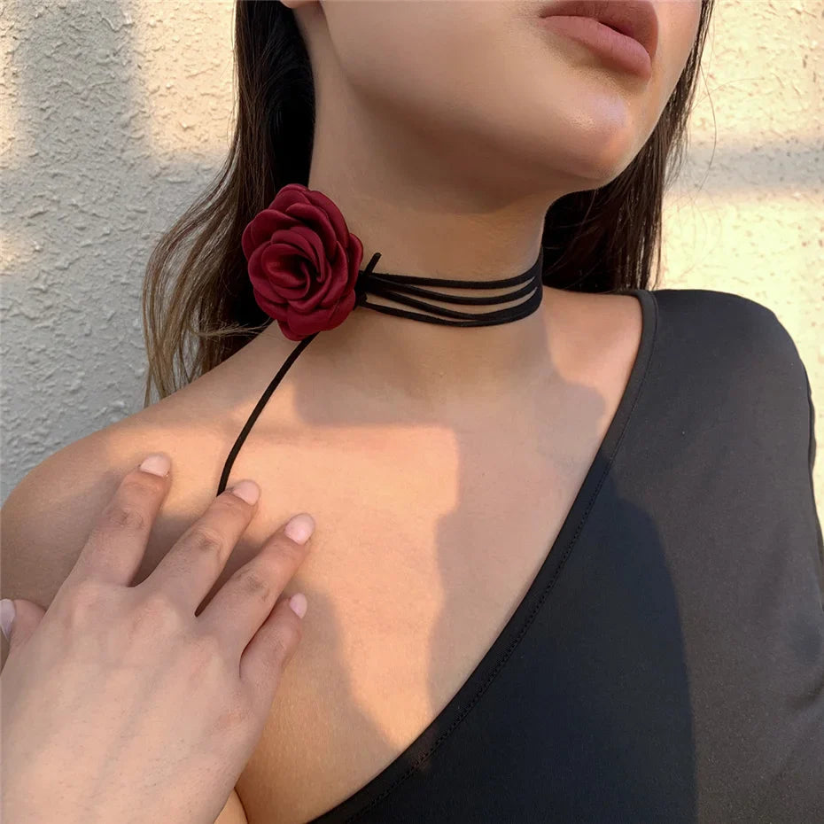 Elegant Choker Necklace Large Burgundy Rose Flower Pendant