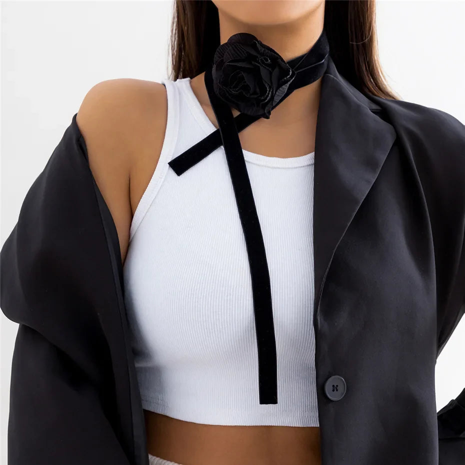 Elegant Choker Necklace Large Black Rose Flower Pendant 2