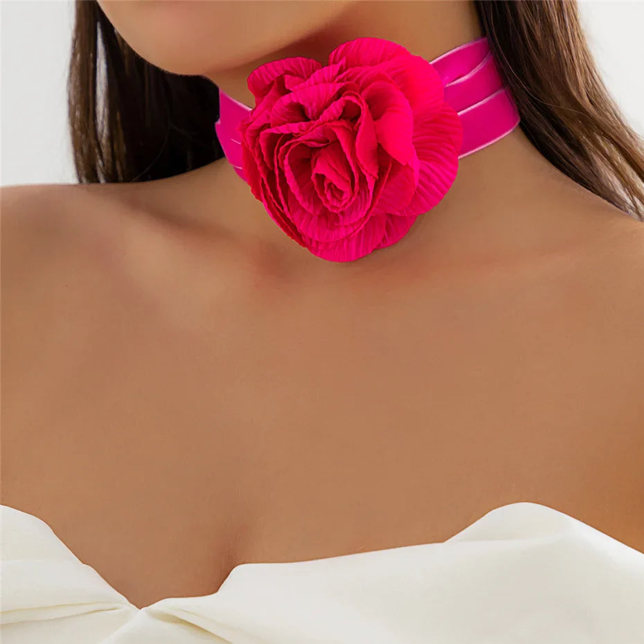 Elegant Choker Necklace Large Pink Rose Flower Pendant