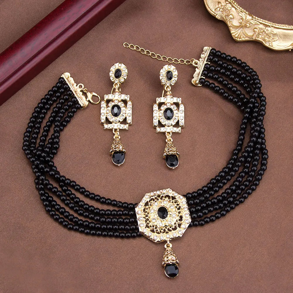 Collier ras de cou en perles avec pendentif et boucles d'oreilles pendantes arabes noir
