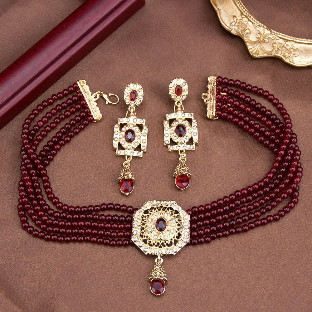 Collier ras de cou en perles avec pendentif et boucles d'oreilles pendantes arabes rouge