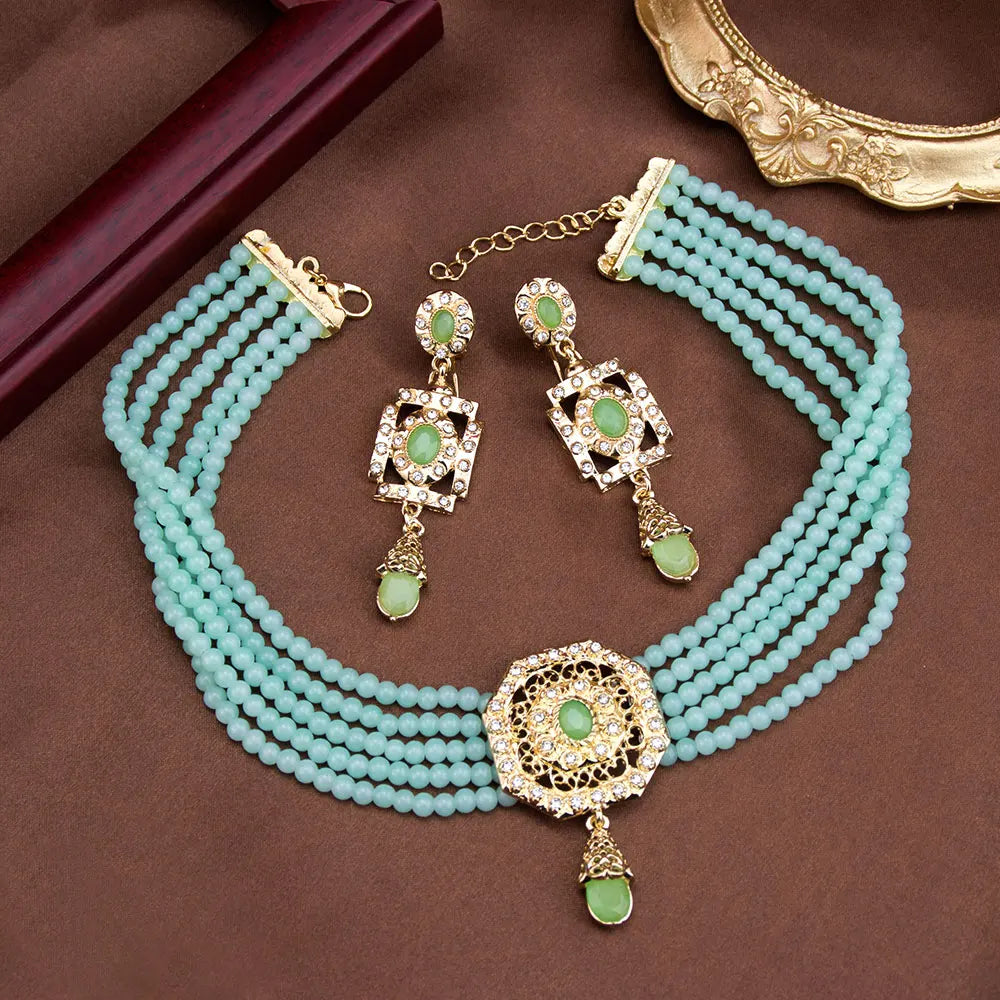 Collier ras de cou en perles avec pendentif et boucles d'oreilles pendantes arabes turquoise