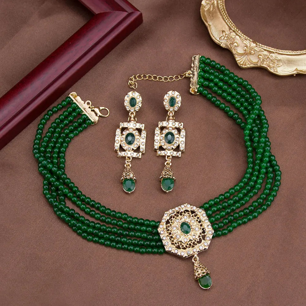 Collier ras de cou en perles avec pendentif et boucles d'oreilles pendantes arabes vert
