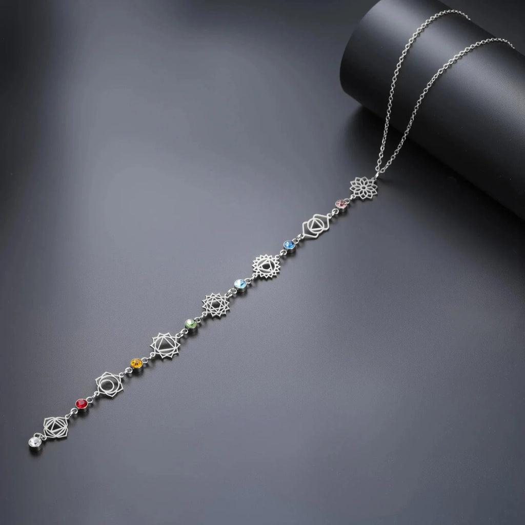 Choker Necklace Pendant with 7 Chakras Zircon Stones silver
