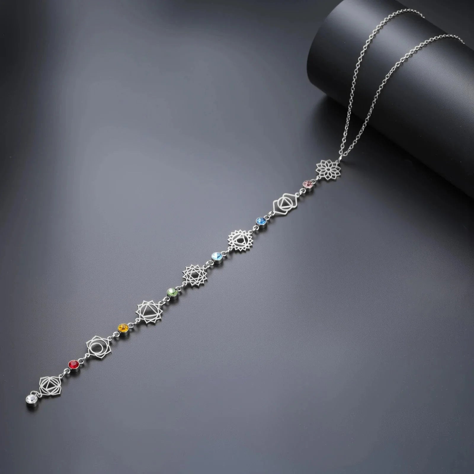 Choker Necklace Pendant with 7 Chakras Zircon Stones silver