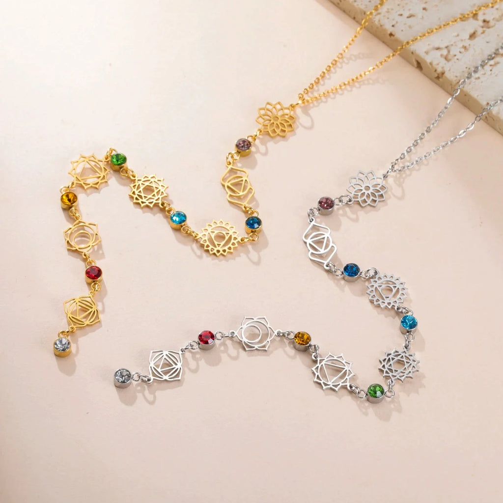 Choker Necklace Pendant with 7 Chakras Zircon Stones gold