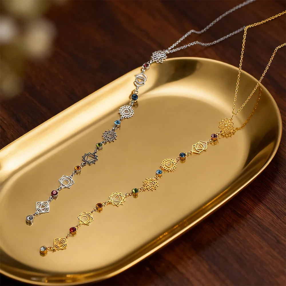Choker Necklace Pendant with 7 Chakras Zircon Stones gold