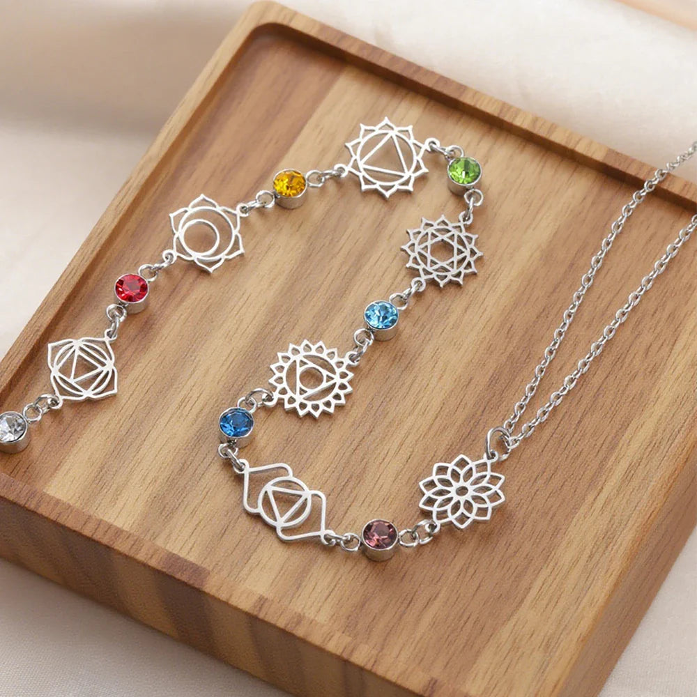 Choker Necklace Pendant with 7 Chakras Zircon Stones silver