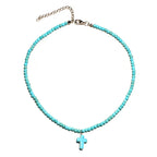 Collier Ras de Cou Pendentif Croix Pierre Naturelle Femme bleu