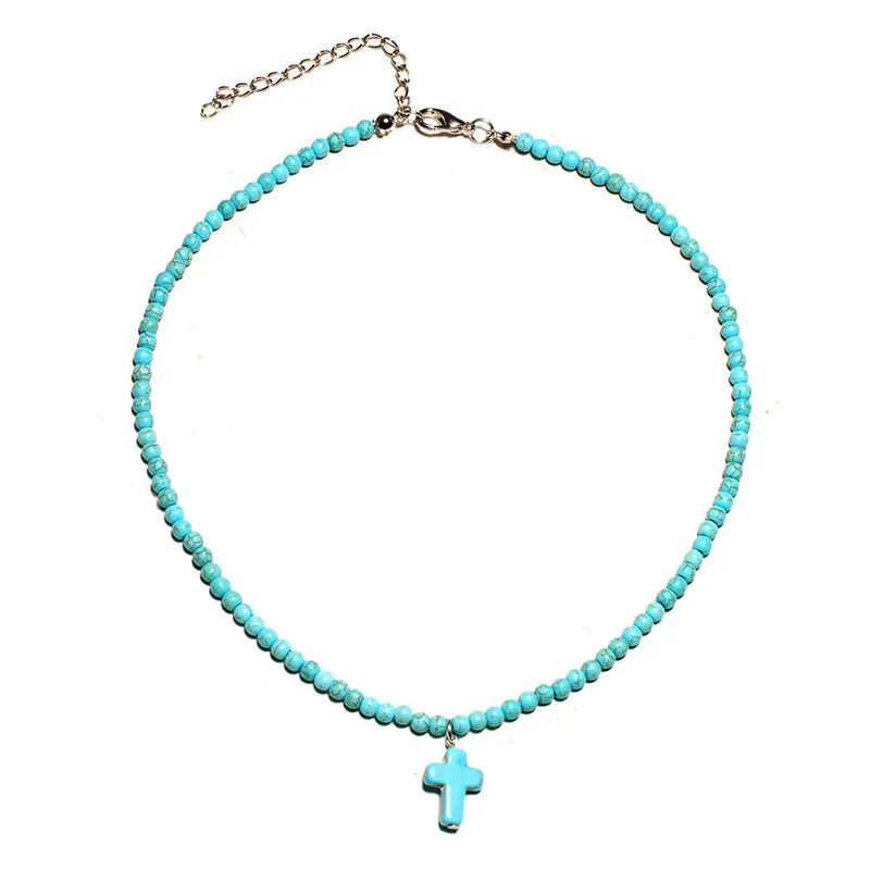Choker Necklace Cross Pendant Natural Stone Woman blue