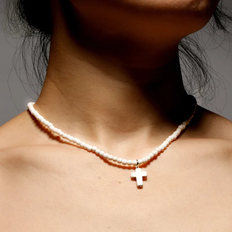 Choker Necklace Cross Pendant Natural Stone Woman white