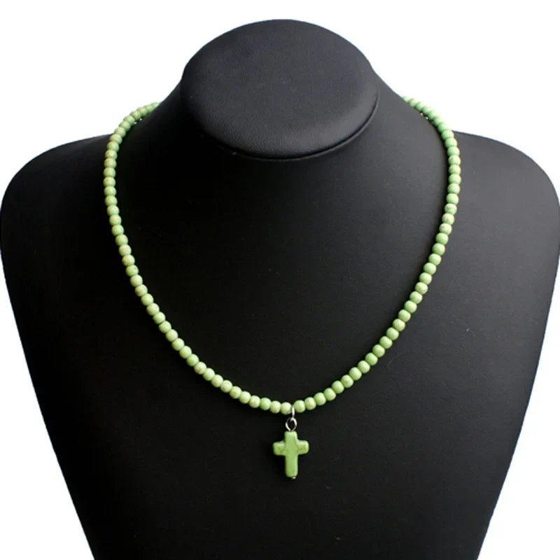 Choker Necklace Cross Pendant Natural Stone Woman green