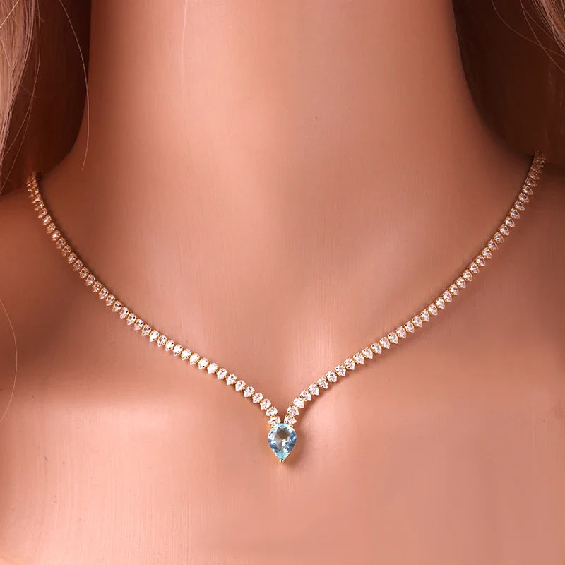 Charming Choker Necklace Water Drop Pendant and Silver and Blue Zircon