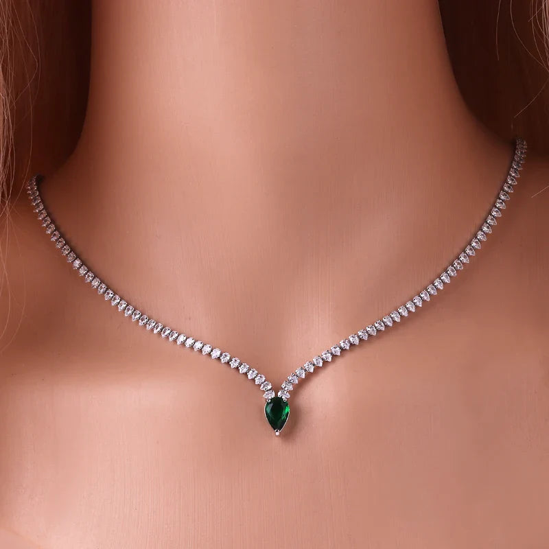 Charming Choker Necklace Water Drop Pendant and Silver and Green Zircon