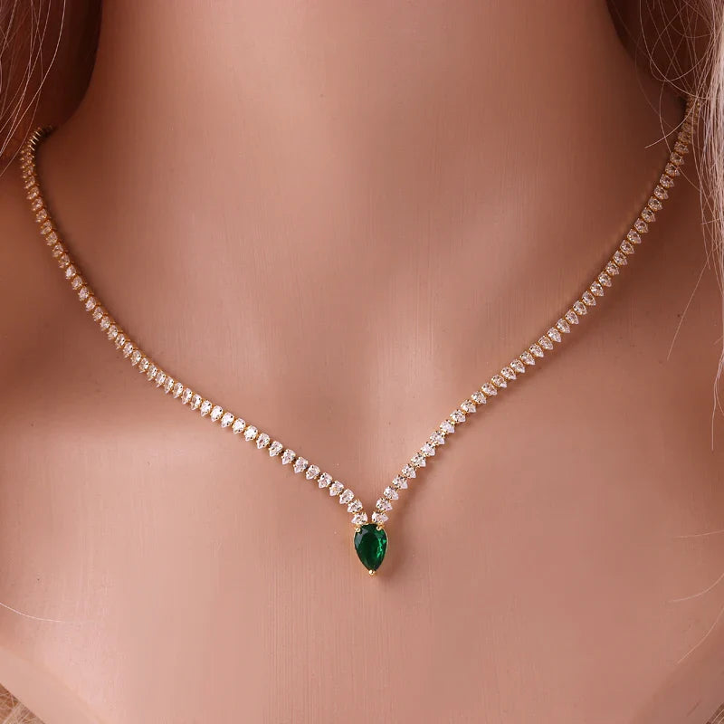 Charming Choker Necklace Water Drop Pendant and Silver and Green Zircon