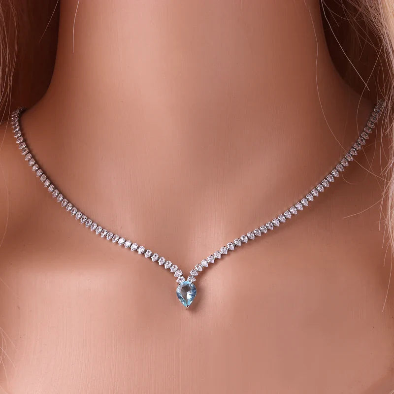Charming Choker Necklace Water Drop Pendant and Silver and Blue Zircon