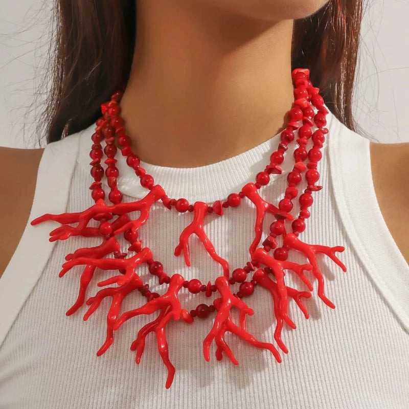 Triple Strand Choker Necklace Red Coral