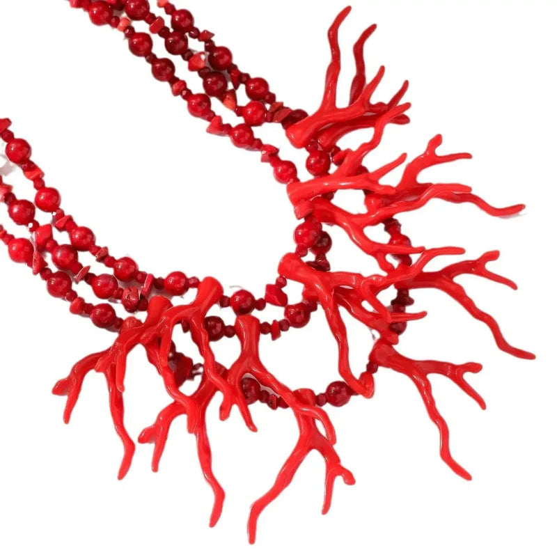 Triple Strand Choker Necklace Red Coral