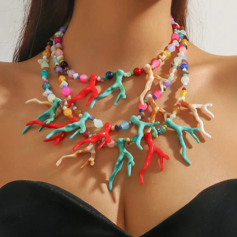 Multicolored Coral Triple Strand Choker Necklace
