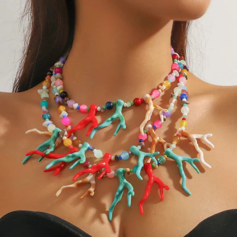 Multicolored Coral Triple Strand Choker Necklace