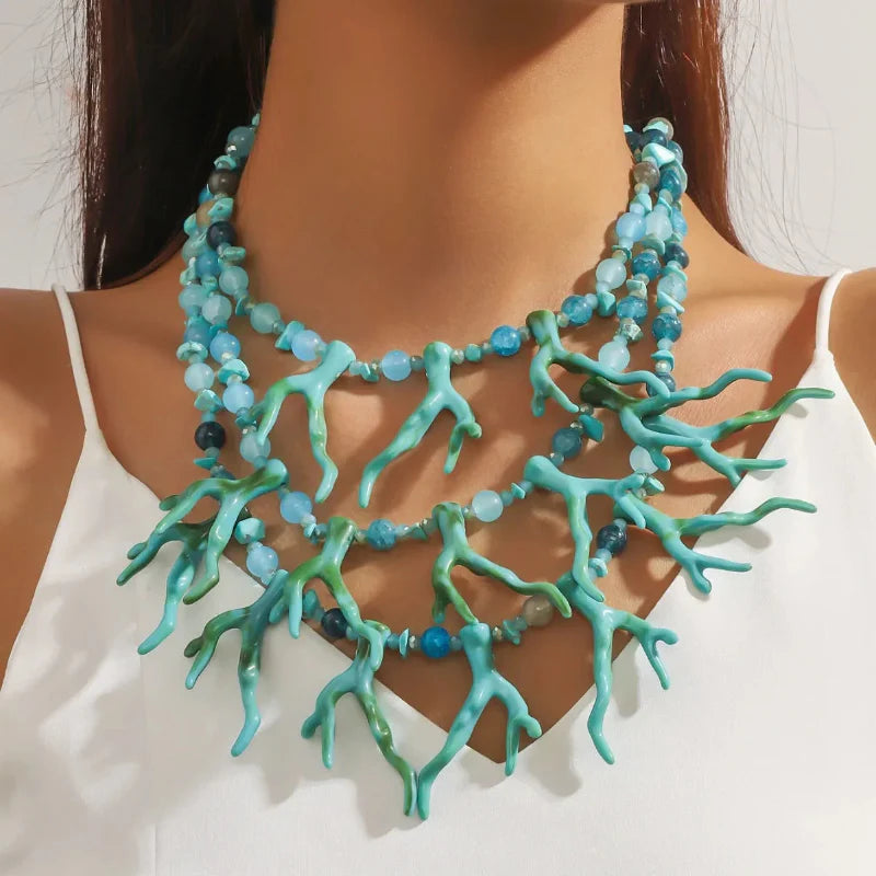 Triple Strand Choker Necklace Green Coral
