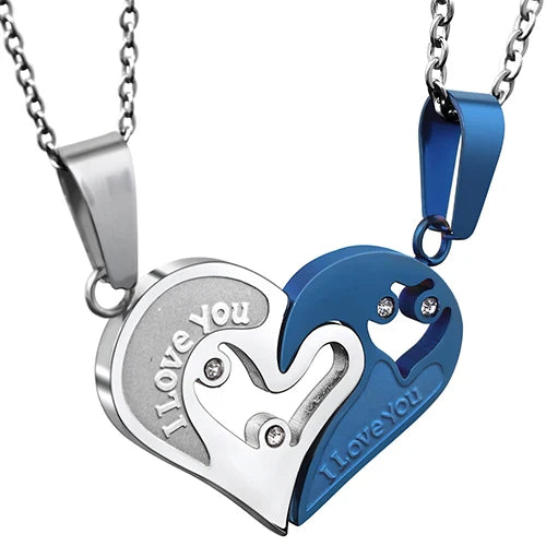 Necklaces for Couples Best Friends Silver and Blue Heart Pendant