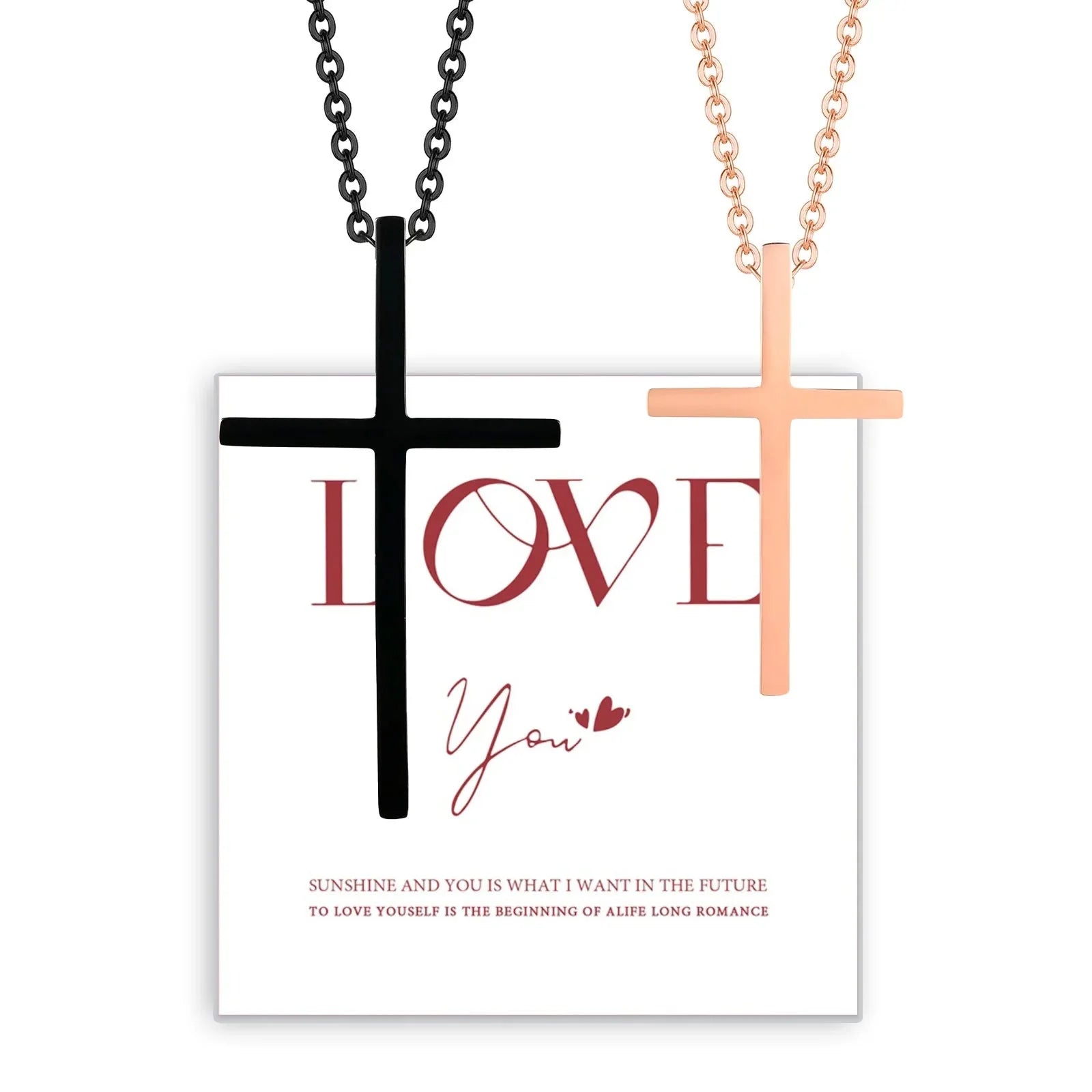 Colliers pour Couples Pendentif Croix Noir et Or Rose