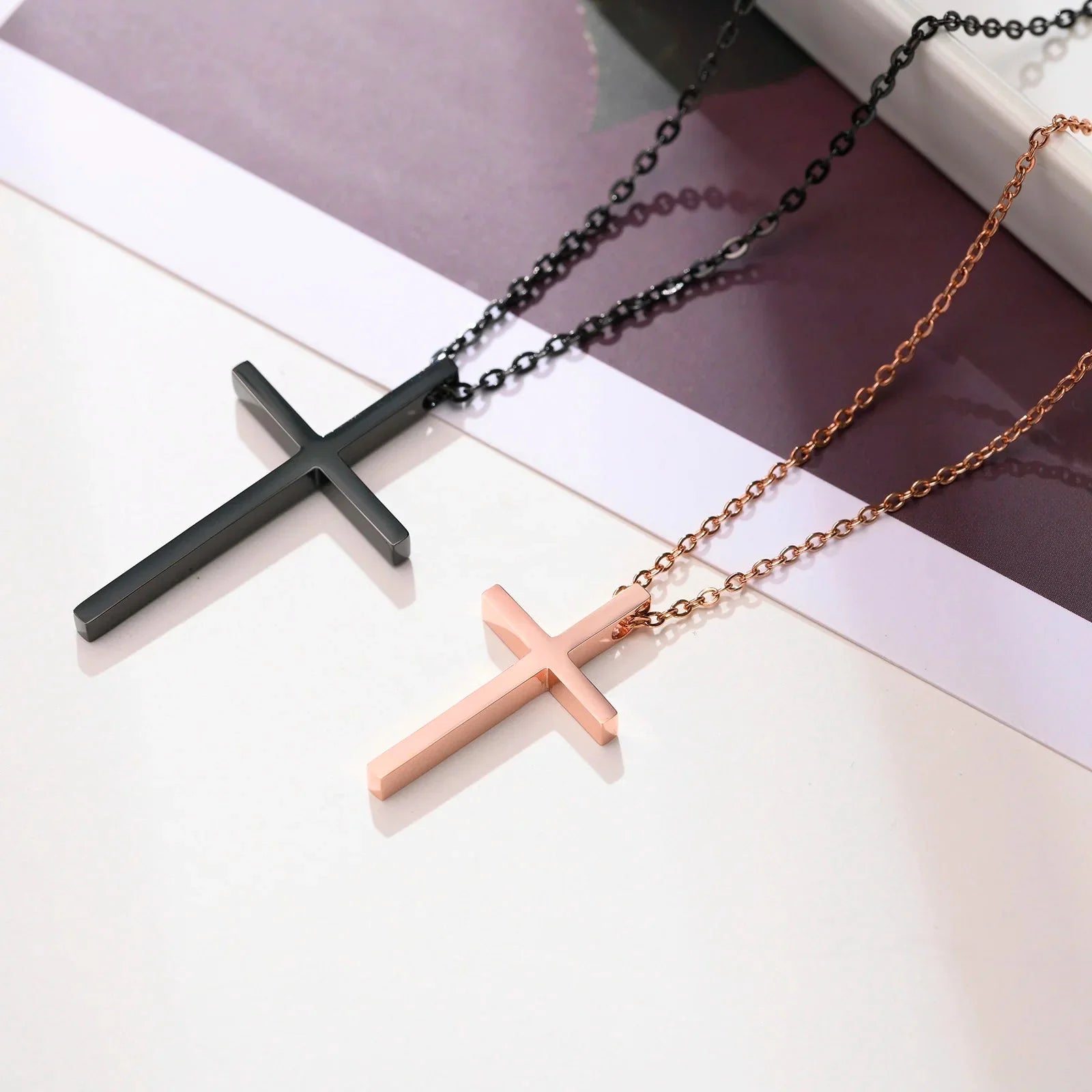 Necklaces for Couples Black and Rose Gold Cross Pendant