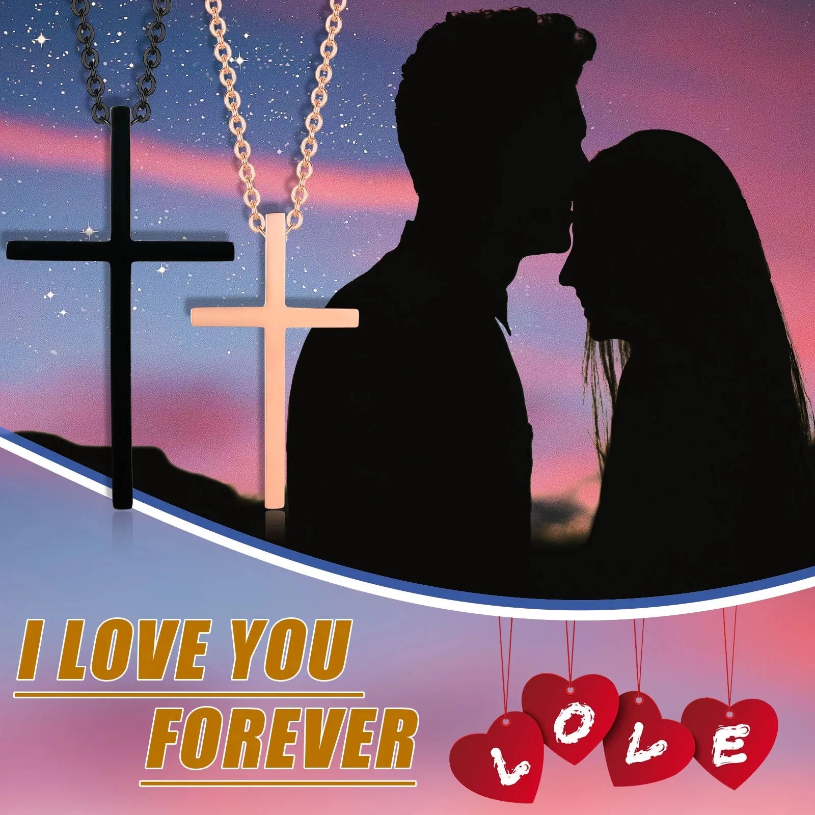 Necklaces for Couples Black and Rose Gold Cross Pendant