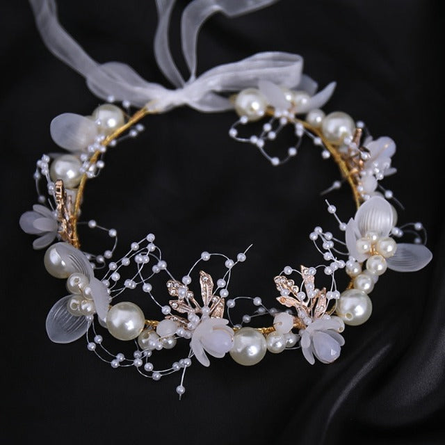 Wedding Crown Flowers and Pearls for Women gold