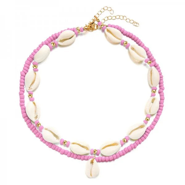 Double collier coquillage cauri rose