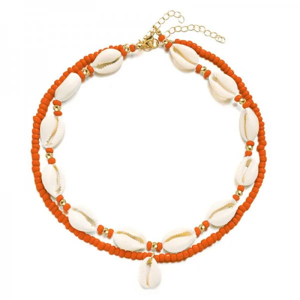 Double collier coquillage cauri rouge