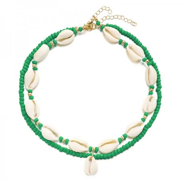 Double collier coquillage cauri vert
