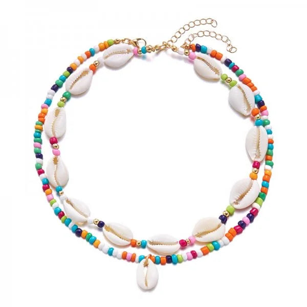 Double collier coquillage cauri multicolore