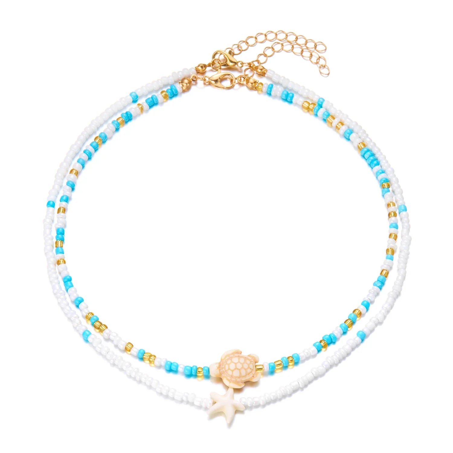 Double collier coquillage et perles colorées bleu tortue