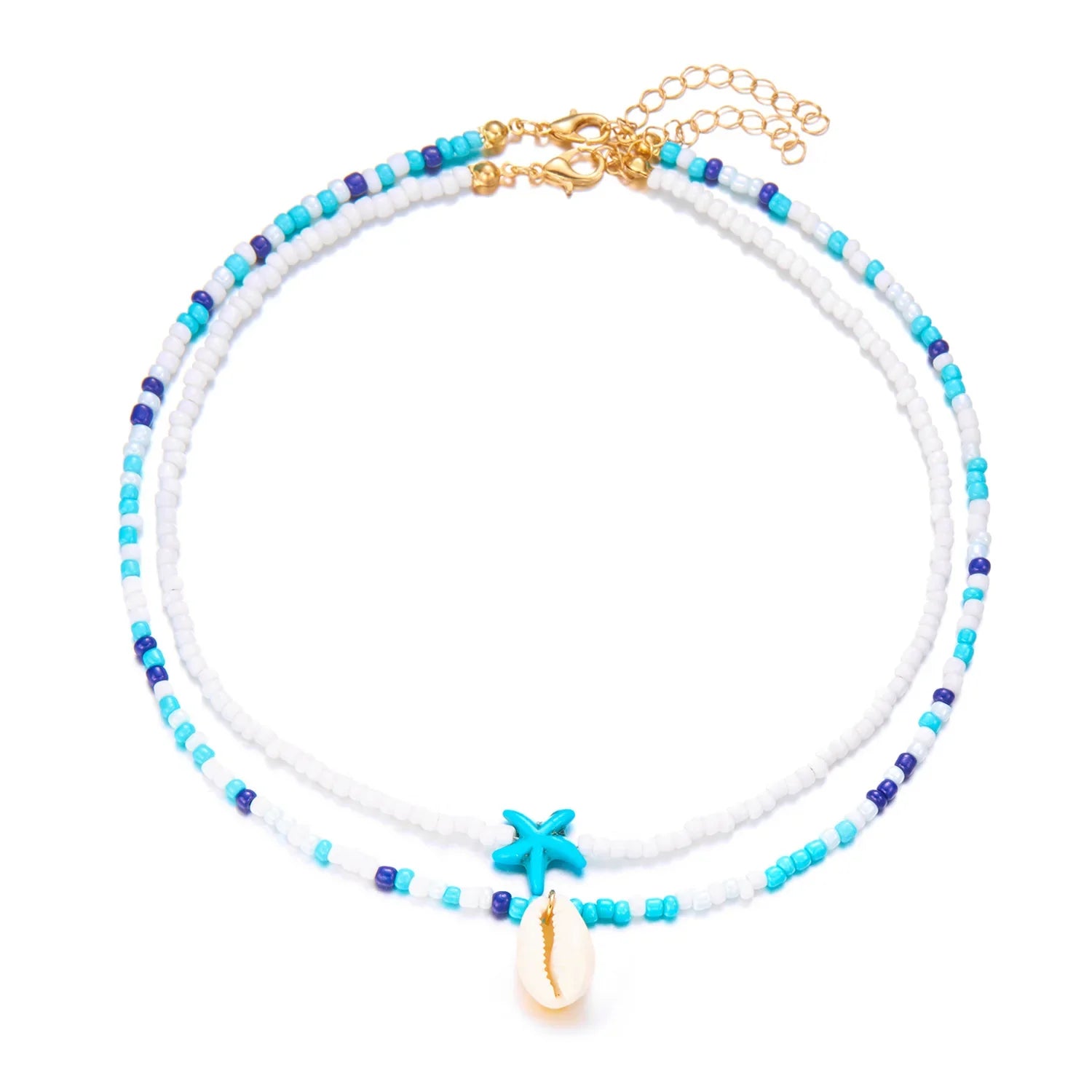 Double collier coquillage et perles colorées bleu étoile