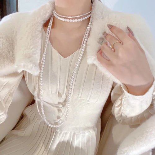 Long and Double Women's Necklace with White Pearls