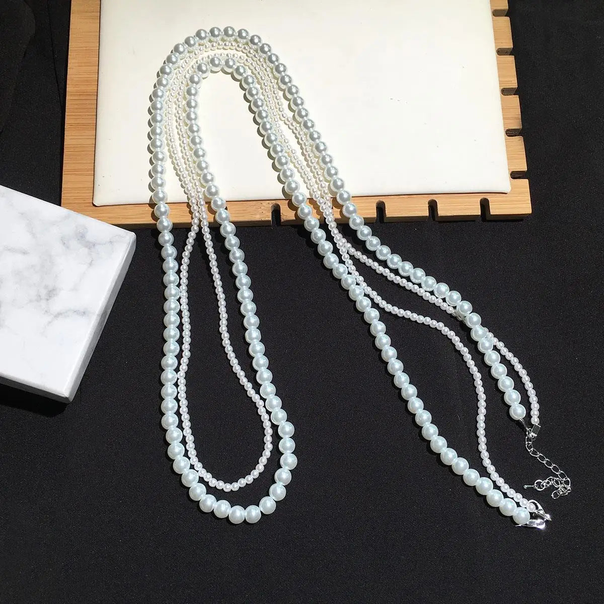 Long and Double Women's Necklace with White Pearls