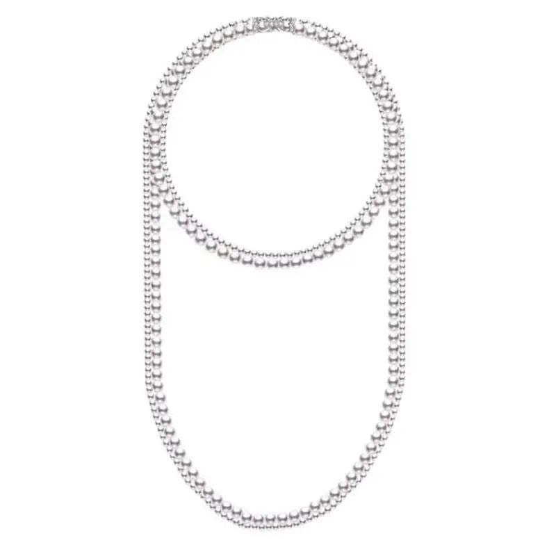 Long and Double Women's Necklace with White Pearls