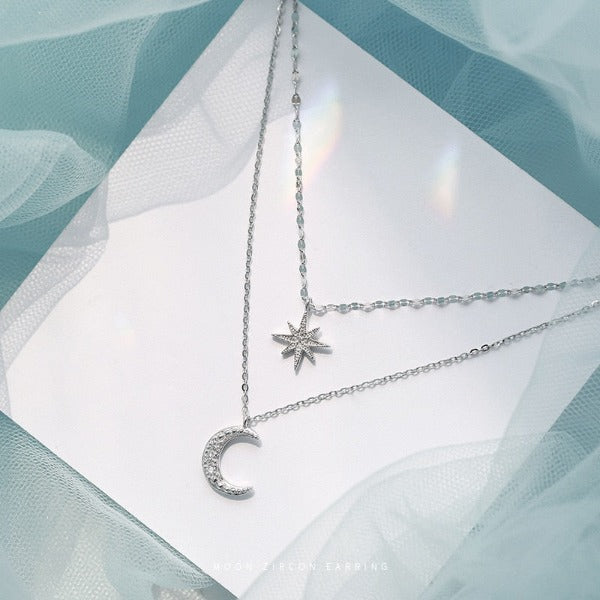 Double Pendant Necklace Moon and Star for Women